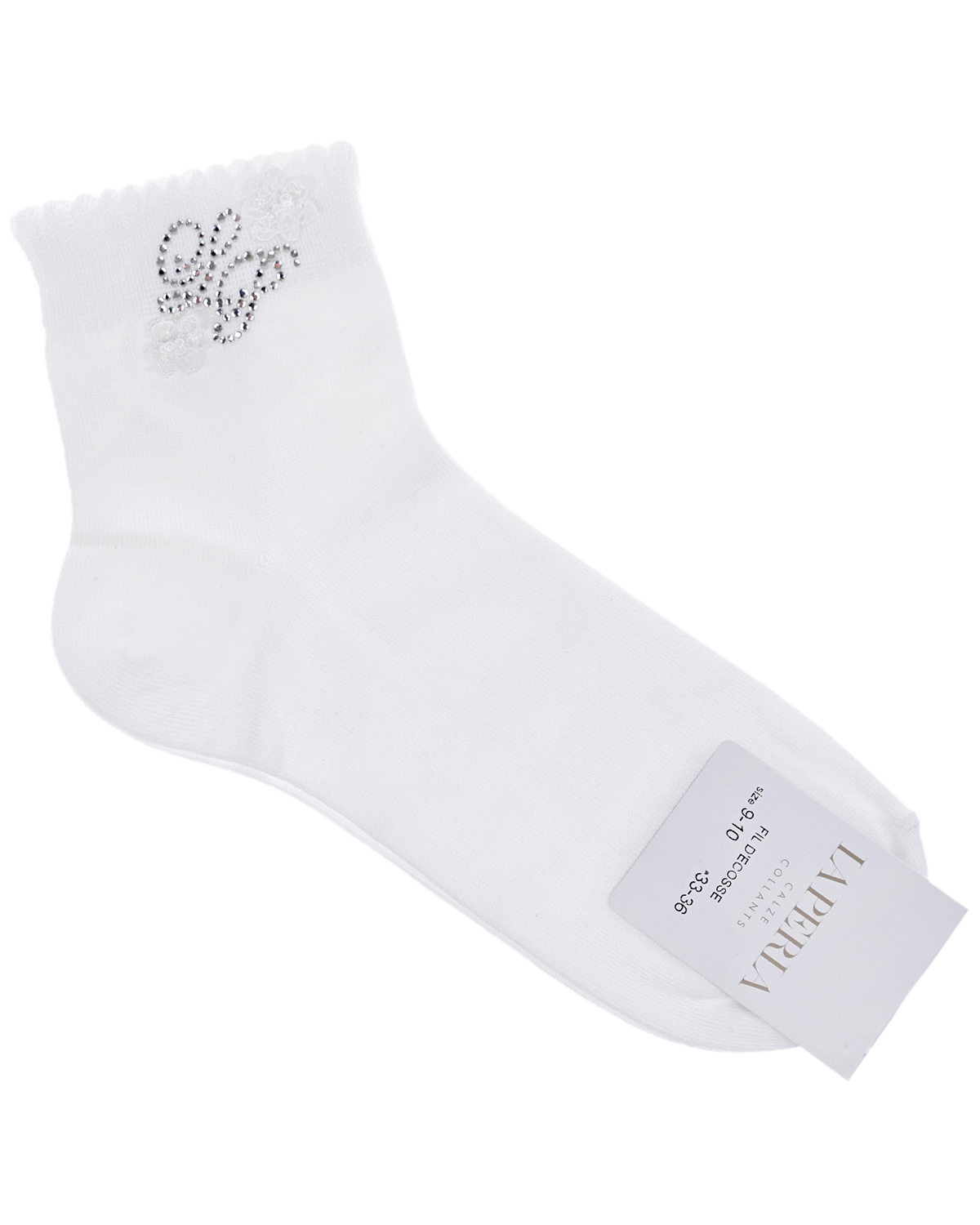 Белые носки со стразами и цветочными аппликациями